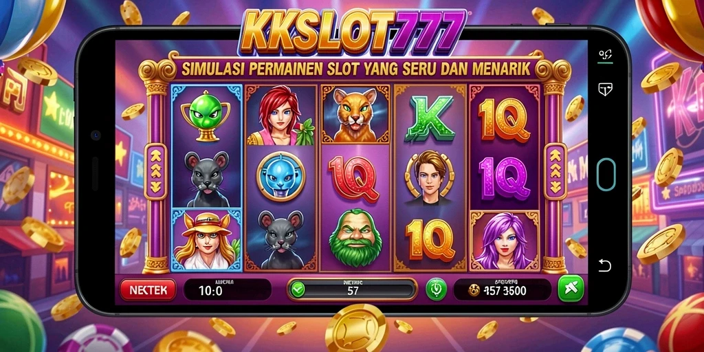 Screenshot utama KKSLOT777 menampilkan gameplay seru dari mesin slot yang berwarna-warni.