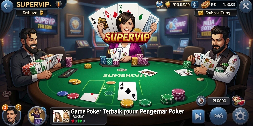 Screenshot gameplay SUPERVIP menampilkan suasana meja poker yang menarik.
